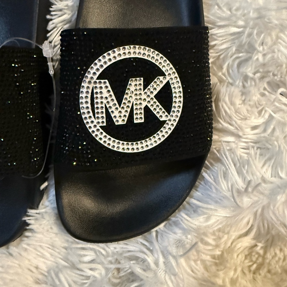 Michael Kors Black Crystal MK Logo Slide Sandals - Picture 2 of 3